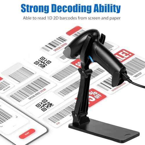 QR Code Scanner with Foldable Stand, 1D 2D Barcode Scanner 2.4G Wireless & USB Wired Connection, Handheld CMOS Image Bar Code Reader for Warehouse Library Supermarket