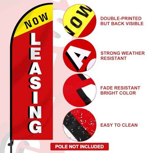 2 Pcs Now Leasing/available 7 ft Swooper Feather Flags Set Advertising Flag Banner with 5 Poles and 1 Stand Swooper Sign Poles Kit Advertising Signs for Retail Stores Business