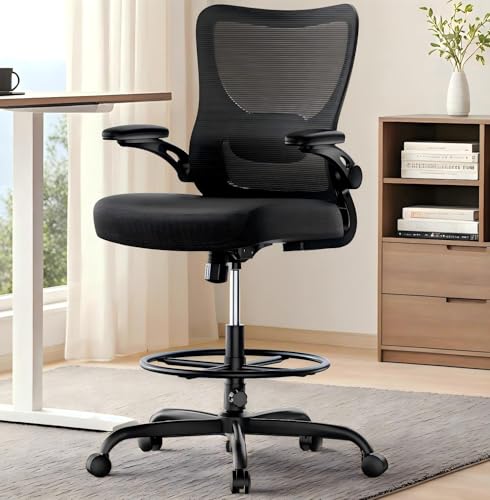 Marsail Drafting Chair Dark – Tall Office Chair with 2D Lumbar, 30.7" Seat Ht, Flip-Up Armrests & Foot Ring