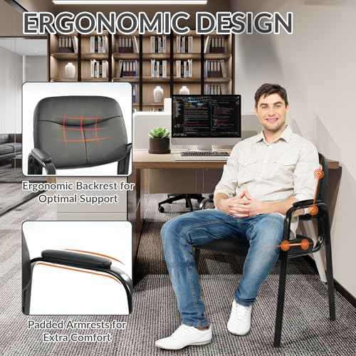 Elevon Waiting Room Chairs No Wheels Set of 4, Leather Stationary Office Reception Guest Chair with Padded Arms for Elderly Desk Conference Room Lobby Table Side Salon