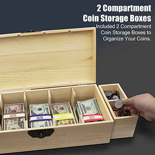 Wooden Locking Currency Money Cash Tray with Coin Tray, 5 Compartment Wooden Cash Money Currency Organizer Storage Change Box Case Holder Moneyboxes with Lockable Cover 300 Money Wrappers