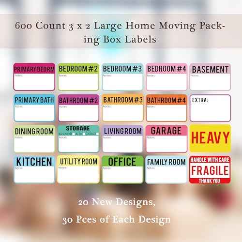 600 Pcs Moving Labels for Boxes, 3 x 2 Packing Labels for 3-4 Bedroom House, 20 Designs Including Fragile and Heavy Stickers