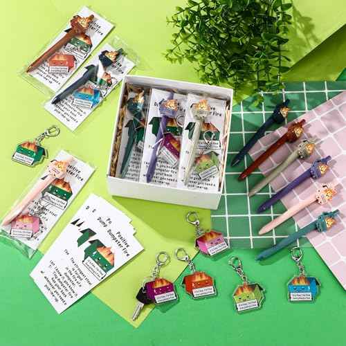 48 Sets Dumpster Fire Gifts Christmas Funny Ballpoint Pens Acrylic Keychains and Bookmarks Employee Emotional Support Appreciation Gifts Bulk for Office Coworkers Staff Team