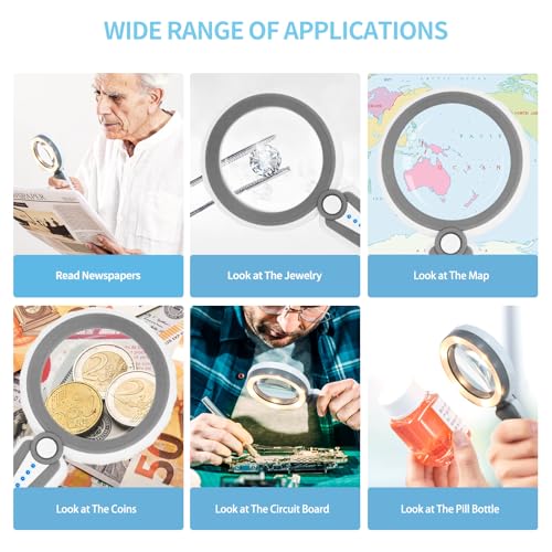 45X Magnifying Glass with Light, 4.6" Large Handheld Magnifier, 6 Color Modes, 1200mAh USB Rechargeable for Low Vision Seniors with Macular Degeneration, Reading, Jewelry, Coins - Grey