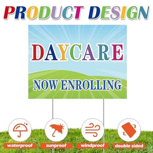 5 Set Daycare Now Enrollling Sign Include 3 Daycare Yard Sign with Stake 7 ft Feather Advertising Flag with Pole 8 x 11 ft Banner for Business Promotion