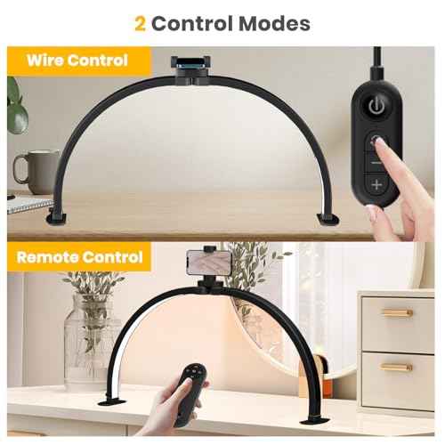 LASTAR Half Moon Light for Nail Desk, 29.9 Inch Foldable Nail Lamp for Desk with Phone Holder, Remote Control/3 Color Temperature/10 Brightness Nail Table Lamp, Black, DL028