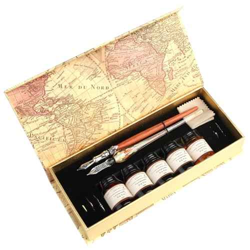 GC QUILL MU-02 Calligraphy Pen Set, Glass Dip Pen and Handcrafted Wooden Dip Pen Gift Set with 5 Colors Calligraphy Ink 6 Nibs, Calligraphy Set for Beginners