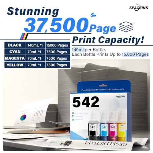 Spaceink 542 Ink Refill Bottles Compatible for ET-5150 ET-5170 ET-5180 ET-5800 ET-5850 ET-5880 ET-16600 ET-16650 Printers, ST-C5000 High-Yield Combo Pack (Black Cyan Magenta Yellow, 4 Pack)