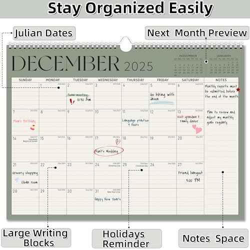 Calendar 2026, Monthly Wall Calendar, Runs Until Dec 2026, 14.5" x 11.5", Large Daily Blocks, Thick Paper, Easy-Flip Spiral Binding, Julian Dates Perfect for Home & Office Organization