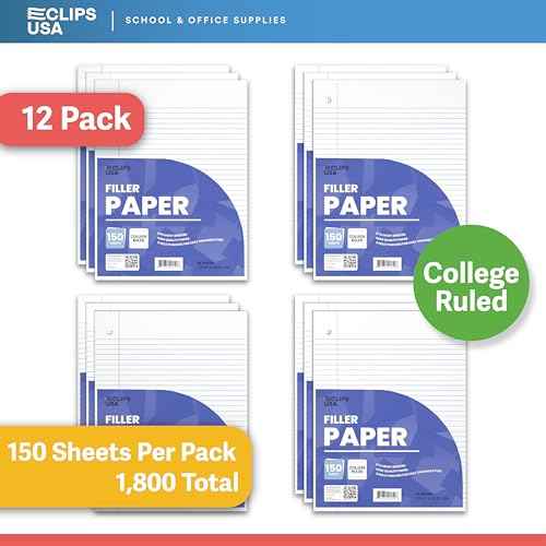 Notebook Paper, Loose Leaf College Ruled 10.5'' x 8'', Filler 56 gsm, 150 Sheets Per Pack, 1800 (12 Pack)