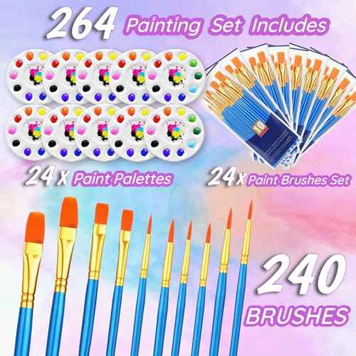 264PCS Valued Paint Brushes and Palettes Set£¬24Pack of 240PCS Paint Brushes Bulk, 24 Paint Paint Trays, Artist Acrylic Brushes Nylon Brush Head, Suitable for All Purpose Oil Watercolor Painting Se