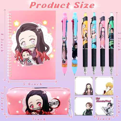 Anime Demon Merch Gifts£¬Kawaii Anime Stuff Cartoon Stationery Set School Supplies for Girls£¬Including Spiral Notebook Gel Pen Multicolor Pen Sticky Note...