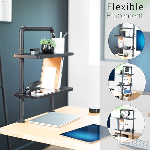 VIVO Clamp-on Premium 16 inch Industrial Pipe 2-Tier Tabletop Shelving, Heavy Duty Desk Extension Organizer, Modern Desktop Display Shelf, Black Shelves, DESK-SHELF16-2B