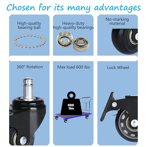 YOOGAA Black with Brake 2 inch Office Chair Casters Set of 5 - Universal Fit, Heavy Duty Safe for Hardwood Floors