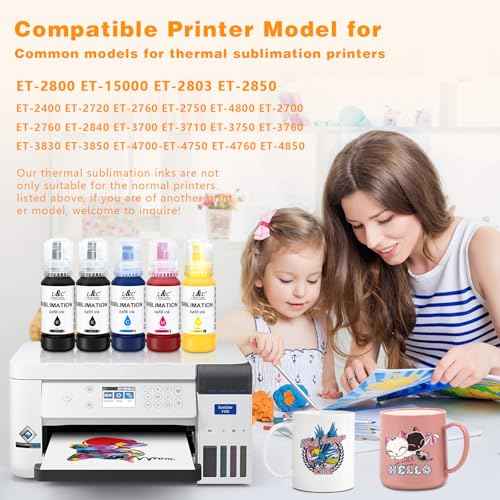 Sublimation Ink for Epson ET2400 ET2720 ET2760 ET2750 ET4800 ET-2800 ET2803 ET-2850 ET15000 ET4850 Inkjet Printers for Heat Press Transfer on Mugs T-Shirts Phone Cases, and Souvenir(5X100ML)