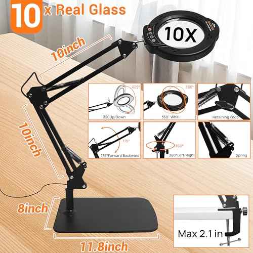 10X Magnifying Glass with Light and Stand, 84 LEDs 2 in 1 Magnifier Lamp with Clamp and 5 Color Stepless Dimmable Modes for Hands Free Reading Sewing Crafts Repair and Close Work