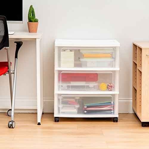 IRIS USA Plastic Drawer Storage Organizer Rolling Cart, with Wheels Casters, 3-Drawers, for Art Craft Supplies Bathroom Dorm Bedroom Laundry Room, Wide, White