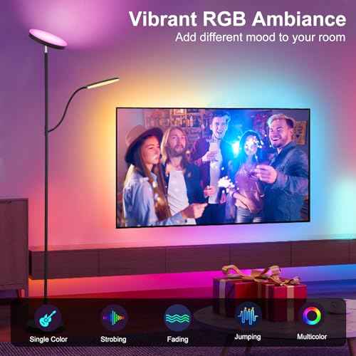 Floor Lamp , Dimmable RGB Floor Lamp,24W/2000LM Main Light and 10W/350LM Side Reading Lamp, Adjustable 3 Colors 2700K/4000K/6500K Tall Lamp with Remote & Touch &APP Control for Living Room Bedroom