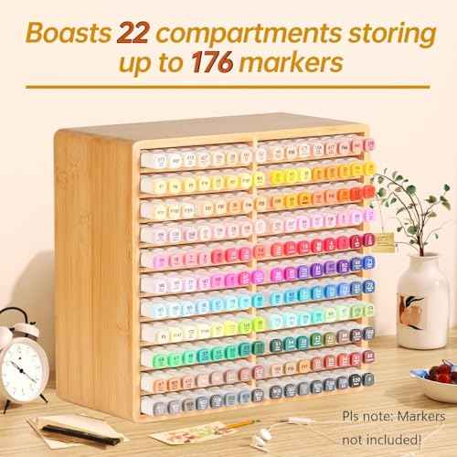 walowalo Marker Organizer Hold 176 Markers Birthday Gifts Christmas Gifts Bamboo Pen Holder Art Supply Pencil Storage Organizer 22 Compartments All-in-One Marker Storage for Home Office Desk Classroom