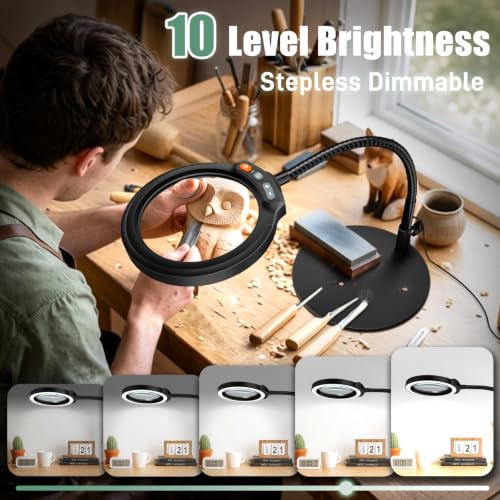 Haotor Black 30X 10X Large Magnifying Glass with Light & Stand, 5-Inch HD Lens, Dimmable LED Desk Lamp