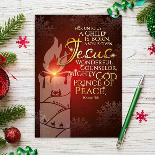 Religious Christmas cards - Jesus, Prince of Peace, pack of 20, 5x7in, printed in England, with Bible verse inside. Christian Christmas cards with envelopes bulk, by Just Cards Direct