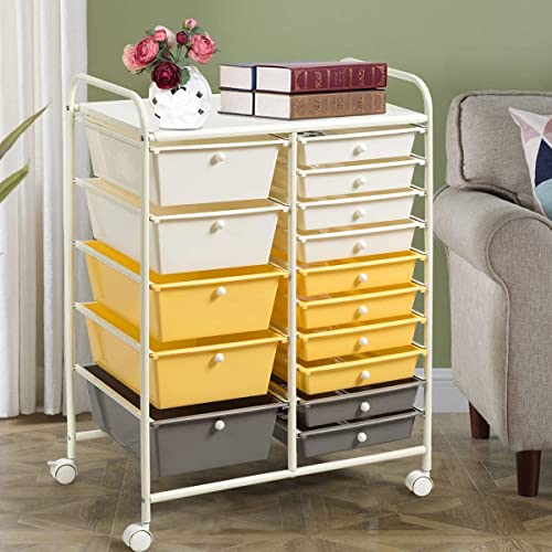 HAPPYGRILL 15-Drawer Rolling Cart, Storage Carts with Removable Drawers & Steel Frame, Utility Cart on Lockable Wheels for Home, School, Office, Yellow