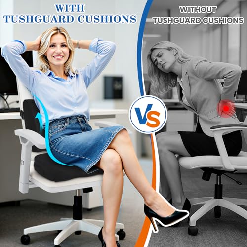 TushGuard Back&Seat Cushion, Car Seat Office Chair Cushions, Breathable Memory Foam Lumbar Back Support Pillow, Portable Airplane Seat Cushion for Travel, Computer Desk, Wheelchair, Driving (Black)