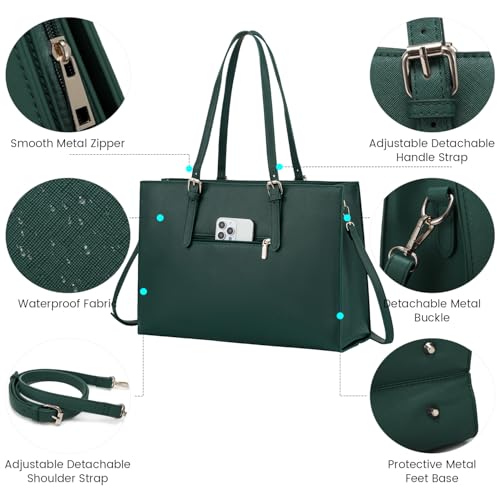 LOVEVOOK 17.3-inch Laptop Bag for Women, Large Capacity Travel Tote Bag with Clutch Purse 2PCs Set, Professional Business Computer Work Bag, Leather Shoulder Briefcase for Office Lady, Deepgreen