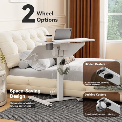 White 28-Inch Mobile Standing Desk with Tiltable Top & 2-Tier Shelves