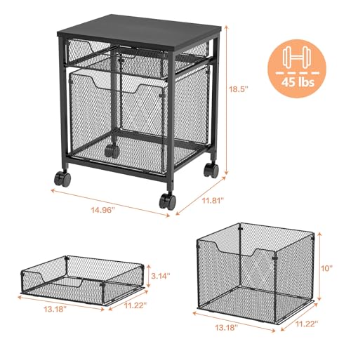 Black Small Rolling File Cabinet Cart with 2 Drawers, Lockable Wheels & Under-Desk Printer Stand