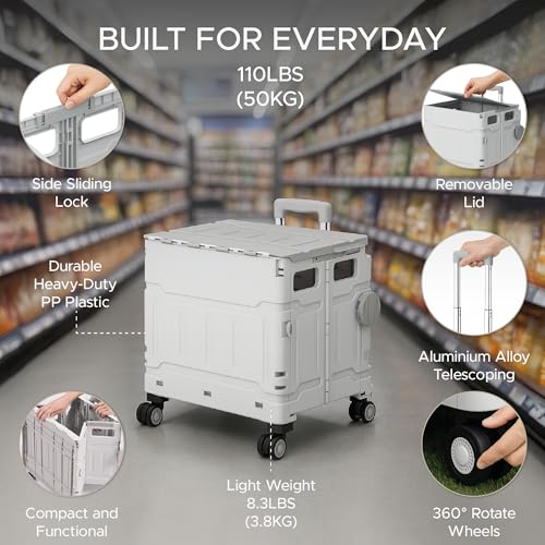 Elly Utility Cart Foldable with 4 Smooth-Rotate Wheels, Telescopic Handle & Snap-Closure Lid, Heavy-Duty Design for Daily Carrying Needs, Rolling Crate Perfect for Shopping, Office, Travel and Storage