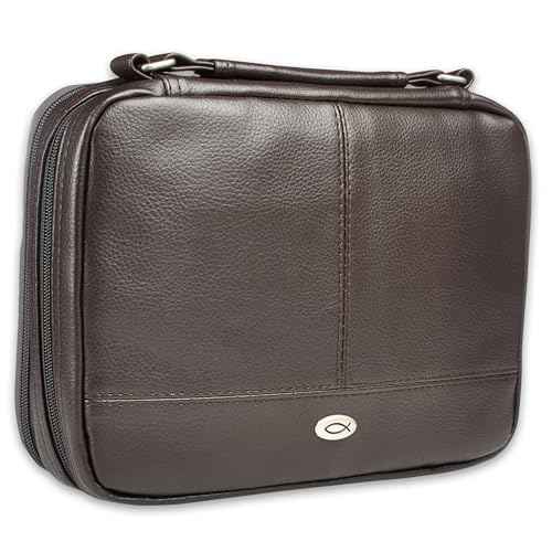 Christian Art Gifts Faux Leather Bible Cover for Men and Women | Ichthus Jesus Fish Emblem Zippered Two-Fold Organizer Case for Bible or Book w/Handle