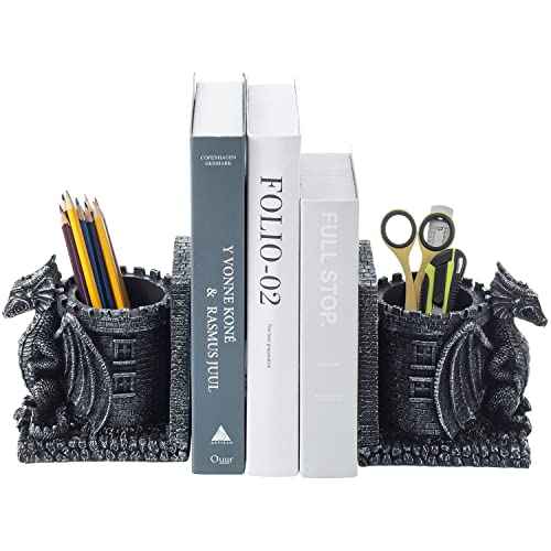 Bookends Dragon, Gothic Black Resin Dragon Guarding Castle Pencil Cup Bookends, Office Desk Book Ends with Decorative Fantasy Dragons and Stone Tower Pen Holders, 1 Pair