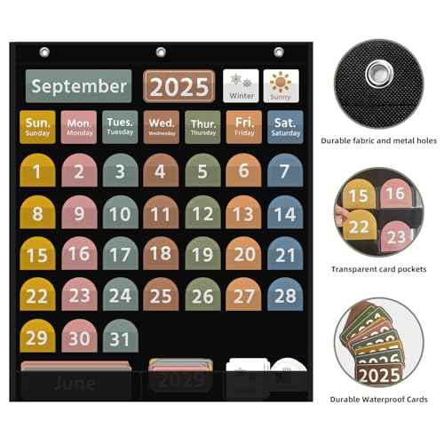 REGELETO Large Boho Calendar Pocket Chart with 96 Cards for Classroom, Size:32.25 x 24.125 inch Black Monthly Calendar and Weather Pocket Chart for Kids Learning for Home or Kindergarten.