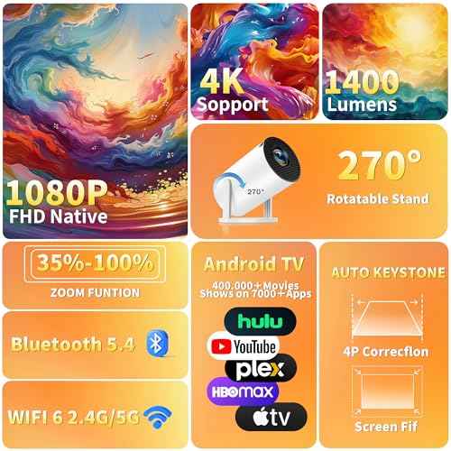 [Built-in Apps & 2025 Upgraded] Mini Projector Support 4K 1080P Auto Keystone 270¡Æ Rotatable with WiFi 6 and Bluetooth 5.4, Projector Portable Compatibile with HDMI/TV Stick/Memory Stick/Laptop-White