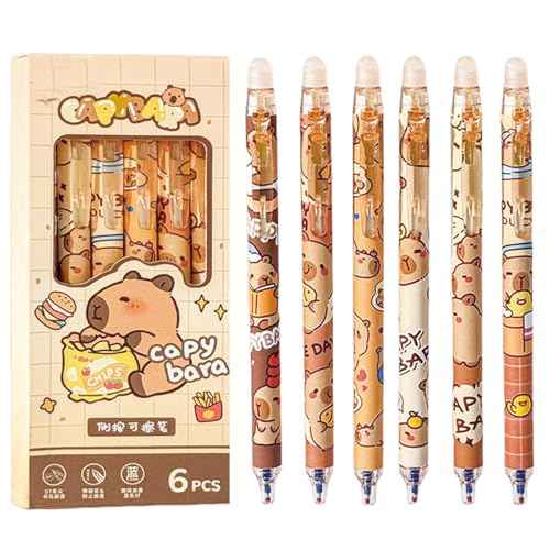 6 Pcs Cute Erasable Retractable Pens - Erasable Gel Ink Pens with Cartoon Capybara Design, 0.5mm Fine Point Blue Ink, Perfect for Office, School, Women, Girls, Boys
