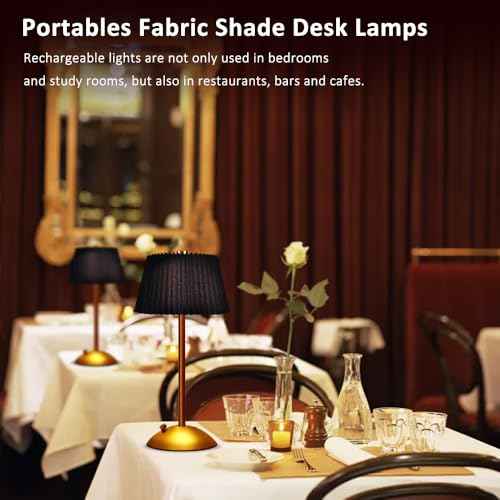 Cordless Metal Desk Lamp,Touch Sensor Control LED Table Lamp,3 Way Dimmable Nightstand Lamp with Fabric Shade Desk Lamp for Living Room, Dorm, Home Office (Black)
