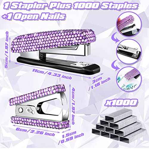 Yunlly 6 Pack Bling Office Stationery Set Desk Accessory Office Set Includes Pen Scissor Stapler Staple Remover 1000 Pcs Staples Tape Dispenser with Diamond Inlay for Home Desk(Purple)