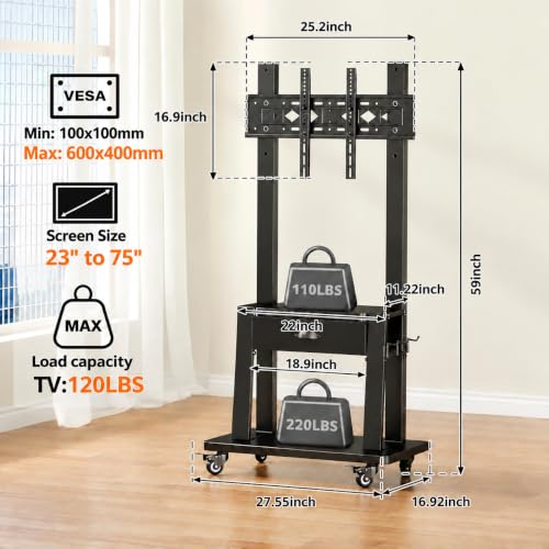 Aokitsink Mobile TV Stand with Drawer, 23-75" TV Cart Black, Heavy Duty, 2-Tier Shelves, 600x400mm VESA, Height Adjustable