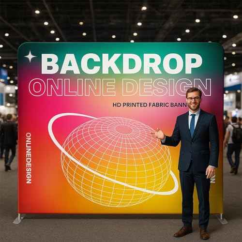 Custom Tension Fabric Banner with Stand Trade Show Backdrop Display, HD Printing Customize Online, Large Portable Trade Show Booth Display Banner for Business Pop Up Display Aluminum Frame 5x7.5 FT