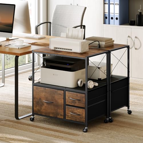 File Cabinet with Charging Station, 3 Drawer Lateral Filing Cabinet for Home Office, Mobile Printer Stand with Open Shelf, Fits A4/Letter Size File, Nonwovens Drawer, Rustic Brown FCHR98E01