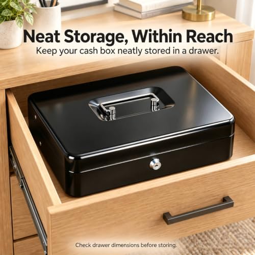 KYODOLED Black Metal Cash Box with Key Lock & Money Tray - 1mm Steel