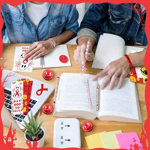 Epakh 788 Pcs/48 Sets Red Ribbon Week Awareness Supplies for Student Teacher Say No to Drugs Mechanical Pencil Notepad Bookmark Eraser Bracelets Sticker Bouncy Ball for School Educational Charity