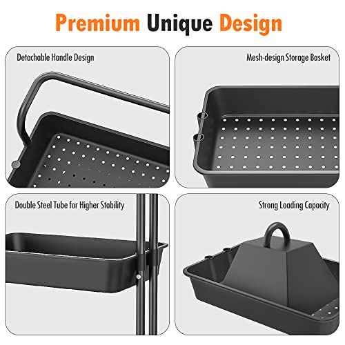 3-Tier Rolling Utility Cart with Wheels, Multi-Function Storage Cart with Lockable Wheels and Mesh Basket, Perfect for Use in Your Kitchen, Bathroom or Living Room or Balcony,Black