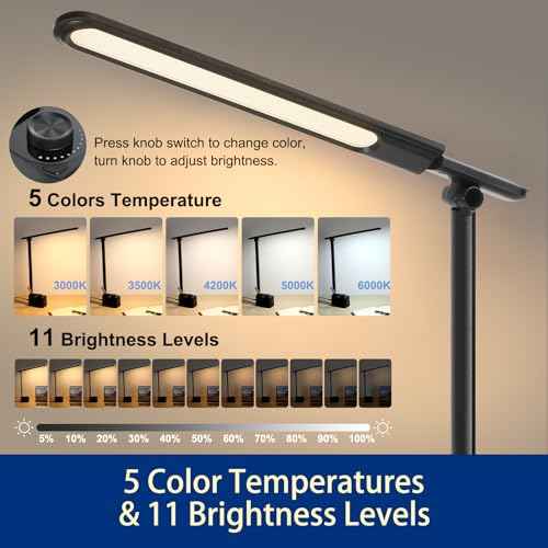 Lightess LED Desk Lamp with 2 USB Charging Ports, 50 Lighting Modes Dimmable Desk Light with Pen Holder and Clock, Foldable Desk Lamp for Home Office Home Office Reading(Black)