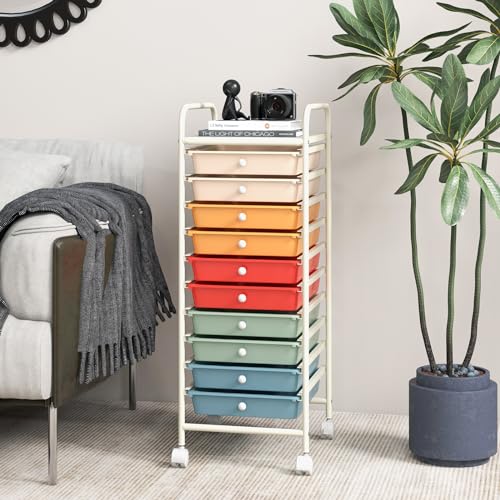 RELAX4LIFE Macaron 10-Drawer Rolling Cart with Lockable Casters, 34" H Craft Storage Trolley