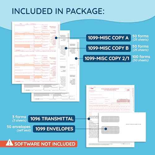 Blue Summit 1099 MISC Forms 2025 with Envelopes, 1099-MISC 4 Part Tax Forms Kit, 50 Vendor Kit of Laser Forms, Compatible with QuickBooks and Accounting Software, 50 Self Seal Envelopes Included