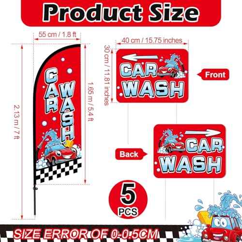 Car Wash Feather Flag Pole Kit Include 7 ft Banner Flag with Poles 5 Pcs Car Wash Sign and 10 Pcs Ground Stake for Outside Business Stores Shops Decoration