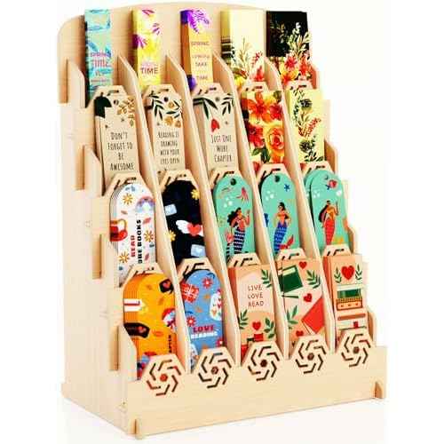 Bookmark Display Stand for Vendors ? Wooden Bookmark Holder Display with Customizable Space, Mobile-Friendly Design ? Versatile Holder for Craft Fairs, Vendor Booths, and Shops, 20 Pocket
