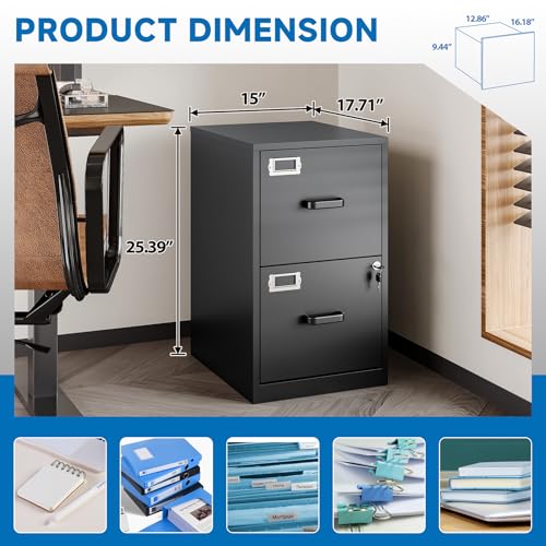 BYNSOE Black 2-Drawer Locking File Cabinet - Vertical Steel Office Storage, 25.39"H
